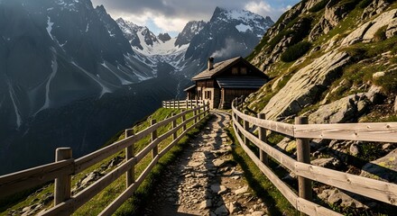 A mountain cabin sits on a hillside with a path leading up to it and snowy peaks in the background