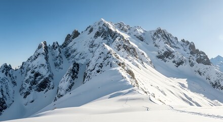 Fototapeta premium A majestic mountain range covered in snow under a clear blue sky on a bright sunny winter day view