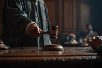 Judge Holding Gavel in Courtroom During Important Legal Proceedings