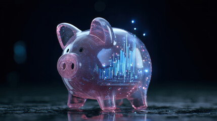 Transparent piggy bank with digital financial graphs and glowing elements symbolizes modern savings and investment strategies. This evokes sense of innovation in personal finance