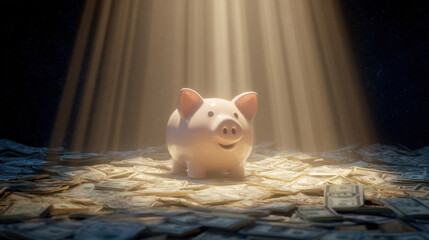 Cheerful piggy bank sits in spotlight, surrounded by scattered dollar bills, symbolizing savings and financial prosperity. warm light creates inviting atmosphere, enhancing theme of wealth