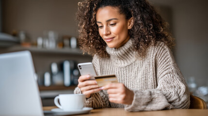 Woman with curly hair is sitting wooden table, using smartphone one hand and holding credit card other. She appears focused and content while shopping online, with laptop and cup of coffee nearby