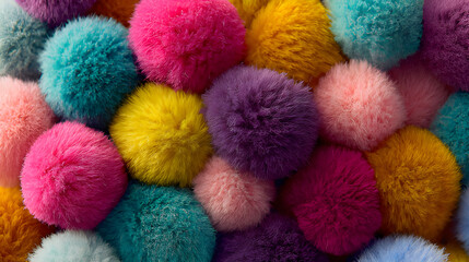 Collection of colorful pom-poms wool texture background. Close up of colorful craft fabric yarn pompoms