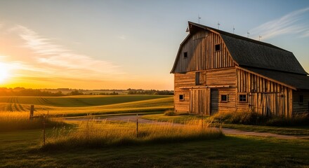 Obraz premium A rustic barn stands bathed in the warm glow of a setting sun over rolling hills and golden fields