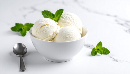White ice cream scoops with mint