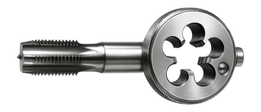 Tungsten carbide tap and die set for threading hardened metals in an engineering lab.