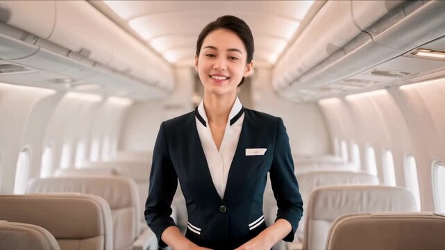 Air Hostess in Cabin, Service, Hospitality, Elegant Travel. Great for airlines, luxury services, customer experience