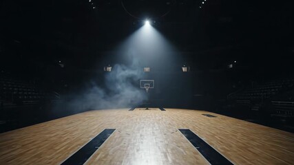 Dramatic Basketball Court Spotlight - This video captures a dimly lit basketball court within a large arena, with a single spotlight illuminating the center circle.
