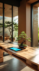 Fototapeta premium luxury wooden workroom with bonsai plant and digital interface enhancing natural workspace harmony nature futuristic interior design wallpaper background