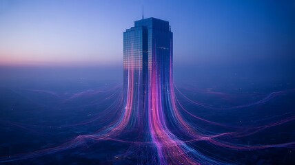 Futuristic skyscraper with streams of light, representing modern architecture, technology, and urban development