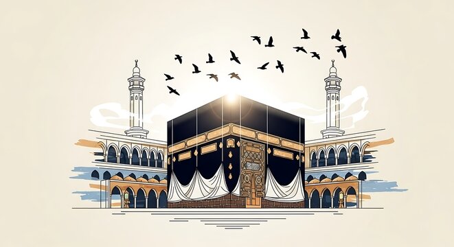 kaaba illustration with birds flying, islamic art clip art preview