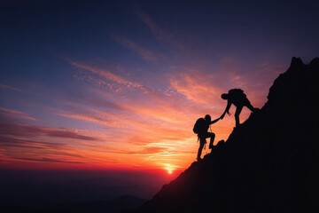 Two Climbers Reaching the Summit Against a Stunning Sunset Sky
