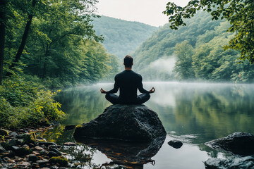 A fit man meditating on a large rock by a river bank, a soft morning mist, stillness, peaceful and introspective mood, the beauty of nature surrounding him.
