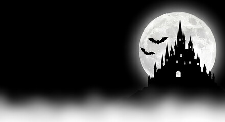 Spooky Halloween castle silhouette with full moon and bats flying in the night sky image photo