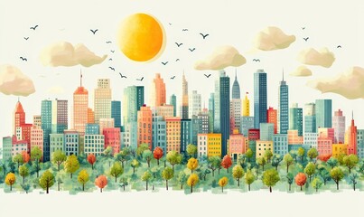 Stylized drawing of a vibrant cityscape with sustainable urban renewal. The image highlights mixed-use development, public infrastructure, and landscape planning for a greener, more, Generative AI