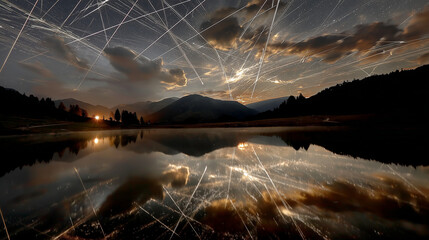 Timelapse of meteor trails forming a celestial web over mountains, mirrored in a tranquil lake below.