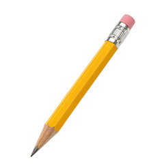 Yellow pencil with pink eraser isolated on white background for art drawing or writing needs