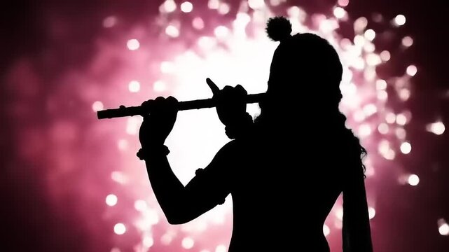 Flute Player Silhouette with Fireworks Night.