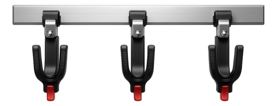 Wall-mounted tool rack with adjustable arms for holding long-handled tools in a garden shed.