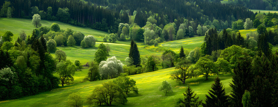 Gr&uuml;ne Landschaft mit Wiese, B&auml;umen und Feldern