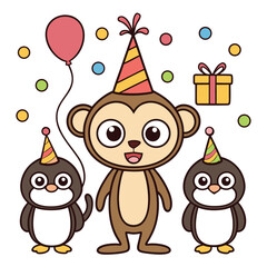 Obraz premium Adorable Cartoon Monkey and Penguins Celebrate Birthday Party: Festive Illustration with Balloons, Gift, and Party Hats; Cheerful, Playful Style.