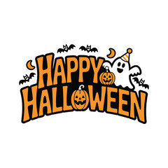 Festive Happy Halloween Design with Pumpkins, Bats and Playful Ghost