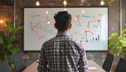 Executive strategizing, observing business trends on whiteboard in meeting room