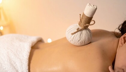 Woman relaxing with herbal compress on back during spa treatment