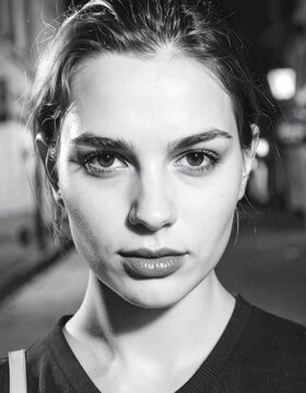 Portrait of a woman, centered, close-up, filling 85% of the frame, 3:4 aspect ratio, black-and-white noir style with strong contrast.