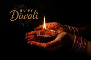 Female hands with mehndi gently hold a lit clay diya; “Happy Diwali” lettering on a deep black background — warm festive greeting with clean copy space.