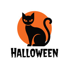 Spooky Silhouette A Black Cat Sits Before a Round Orange Moon Under the Word Halloween in Bold