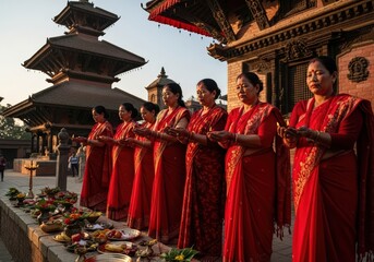 Naklejka premium Nepalese Women in Red Saris Performing Puja