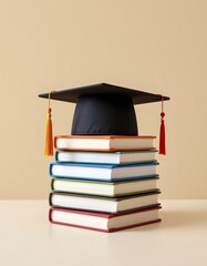Colorful Book Stack with Graduation Cap Celebration Scene