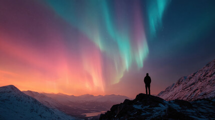 Majestic Northern Lights Over Snowy Mountains at Dusk
