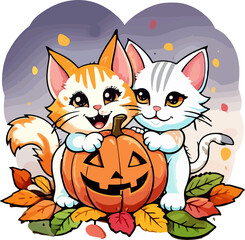 A playful cartoon cat sits happily beside a big pumpkin, ready for a fun Halloween night