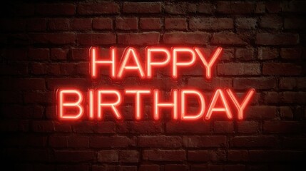 Fototapeta premium Vibrant Neon Happy Birthday Sign Against Rustic Brick Background
