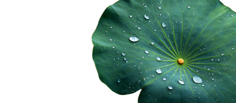 Green lotus leaf with water droplets on textured dark green background displaying clear space for product montage and text placement