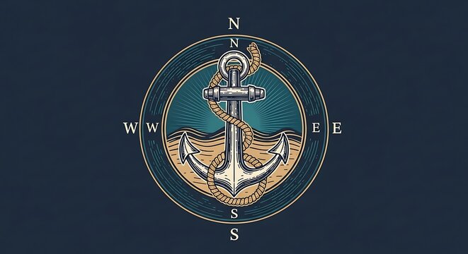 Nautical Compass Rose with Anchor and Rope, Vintage Style on Dark Blue Textured Background