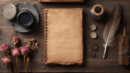 Vintage journal, dried flowers, writing tools