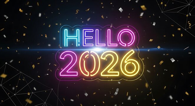 Neon "Hello 2026" Sign with Confetti on a Dark Background
