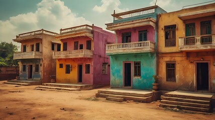 Row of colorful houses in an indian village, showcasing the unique architecture and vibrant culture of the region