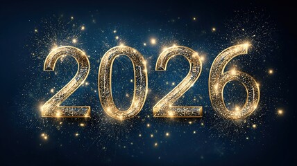 The image is a glittery, gold font that says "2026" in a blue background