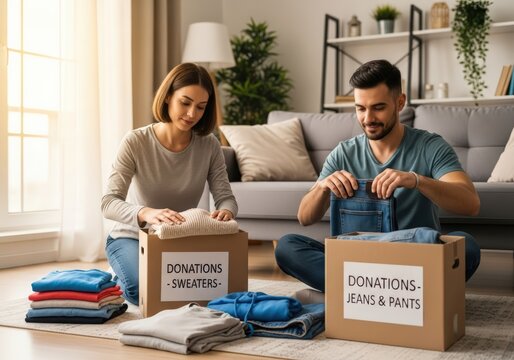 Couple Sorting Clothing Donations at Home