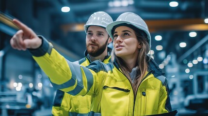 Engineers in safety hard hats and high - visibility workwear collaborating in industrial manufacturing facility, pointing to equipment