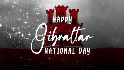 Happy Gibraltar national day text animation with waving flag and fireworks. Suitable for travel websites, cultural events, historical presentations, and national celebrations materials.