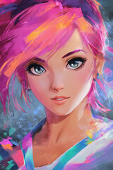 Painting of a young woman with pink hair