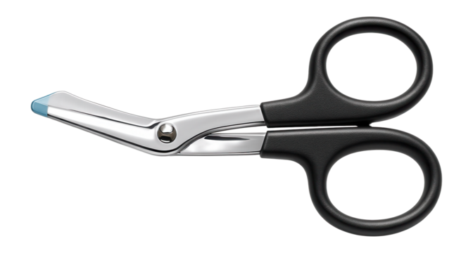 Blunt-tipped bandage scissors with angled blades for safely cutting dressings in a healthcare setting.