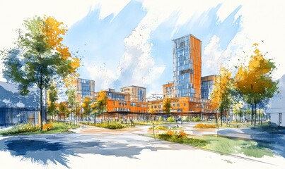 Obraz premium Urban regeneration concept sketch showcasing the revitalization of an abandoned industrial area, transforming it into a green urban space with adaptive reuse and sustainable, Generative AI