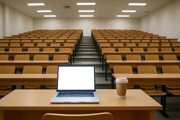 Boost Learning: Laptop with Blank Screen for Educational Content Creation, University Website Design et Engaging Online Courses. Coffee break during lecture. Template mock up.