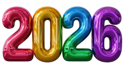 Colorful shiny number balloon 2026, metallic foil texture, isolated on transparent background, festive party decoration, cheerful celebration, new year event, vibrant and playful style